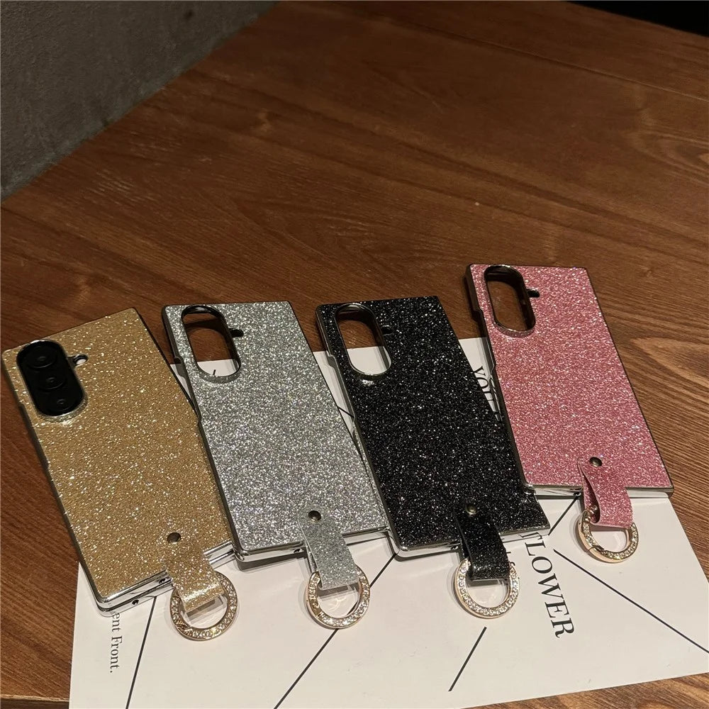 For Samsung Galaxy Z Fold7 5G Case Electroplated Glitter PU Leather + PC Protective Cover with Portable Ring Strap - Silver - 6