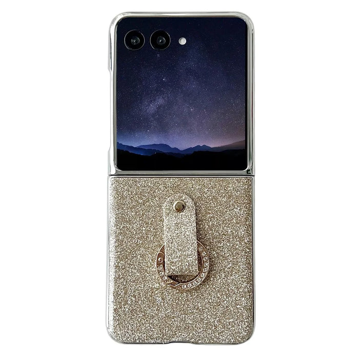 For Samsung Galaxy Z Flip7 5G Case Electroplated Glitter PU Leather + PC Protective Cover with Portable Ring Strap - Gold - 1