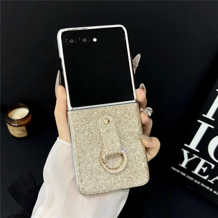 For Samsung Galaxy Z Flip7 5G Case Electroplated Glitter PU Leather + PC Protective Cover with Portable Ring Strap - Gold - 2
