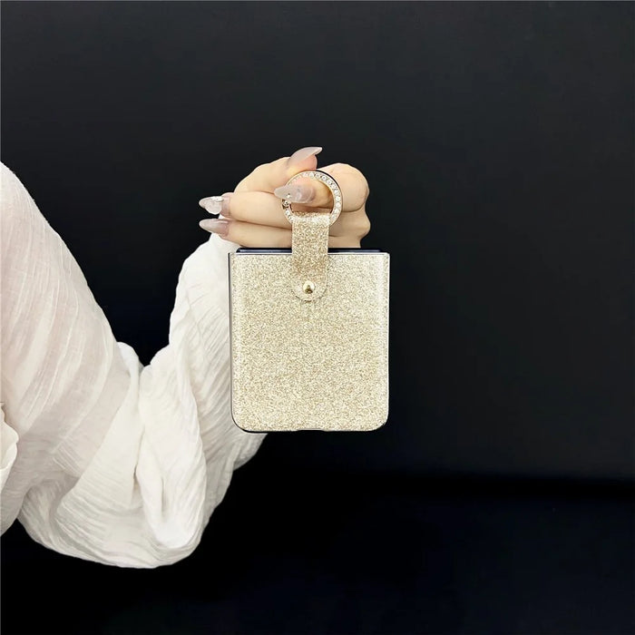 For Samsung Galaxy Z Flip7 5G Case Electroplated Glitter PU Leather + PC Protective Cover with Portable Ring Strap - Gold - 3