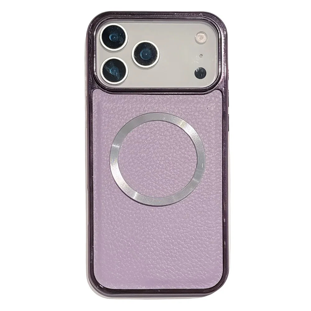 For iPhone 17 Pro Magnetic Case Electroplating Litchi Texture PU TPU PC Phone Back Cover - Purple - 1