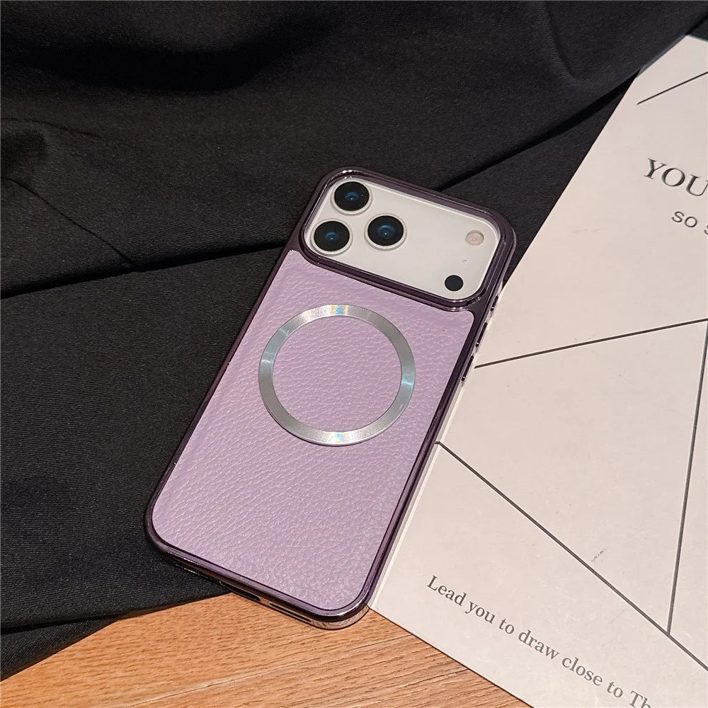 For iPhone 17 Pro Magnetic Case Electroplating Litchi Texture PU TPU PC Phone Back Cover - Purple - 2