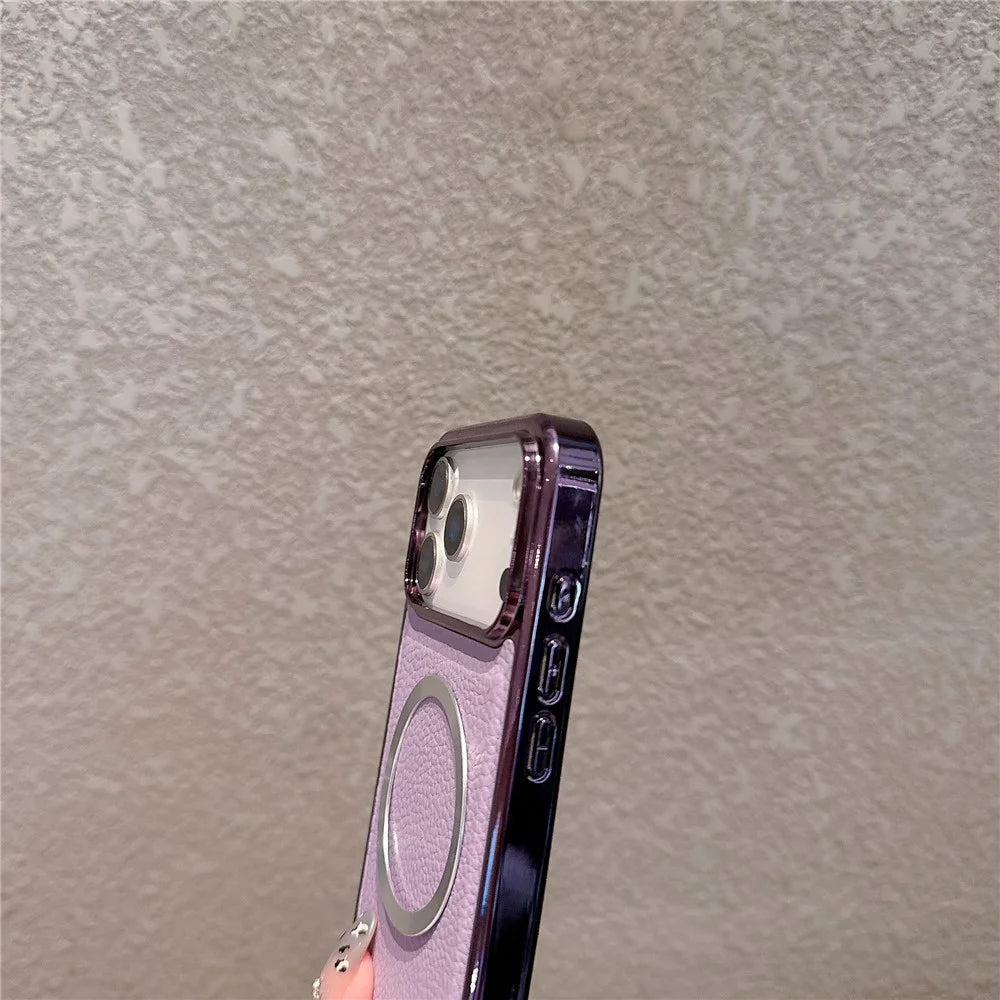 For iPhone 17 Pro Magnetic Case Electroplating Litchi Texture PU TPU PC Phone Back Cover - Purple - 3