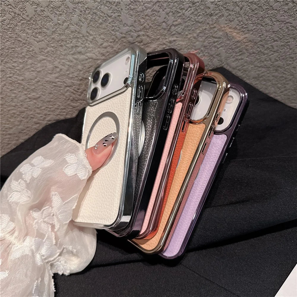 For iPhone 17 Pro Magnetic Case Electroplating Litchi Texture PU TPU PC Phone Back Cover - Purple - 5