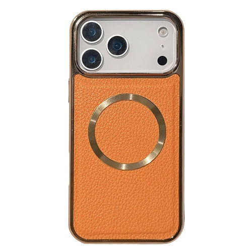 For iPhone 17 Pro Max Magnetic Case Electroplating Litchi Texture PU TPU PC Phone Back Cover - Orange - 1