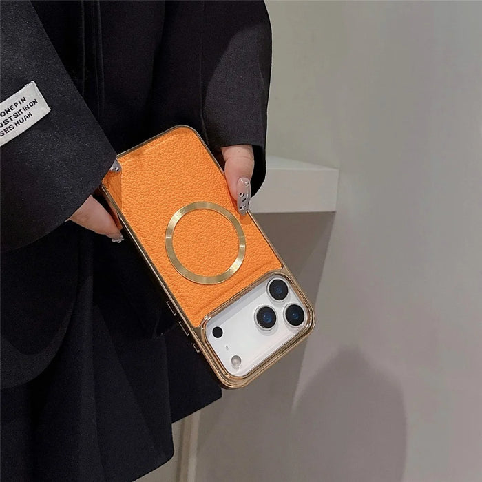 For iPhone 17 Pro Max Magnetic Case Electroplating Litchi Texture PU TPU PC Phone Back Cover - Orange - 3