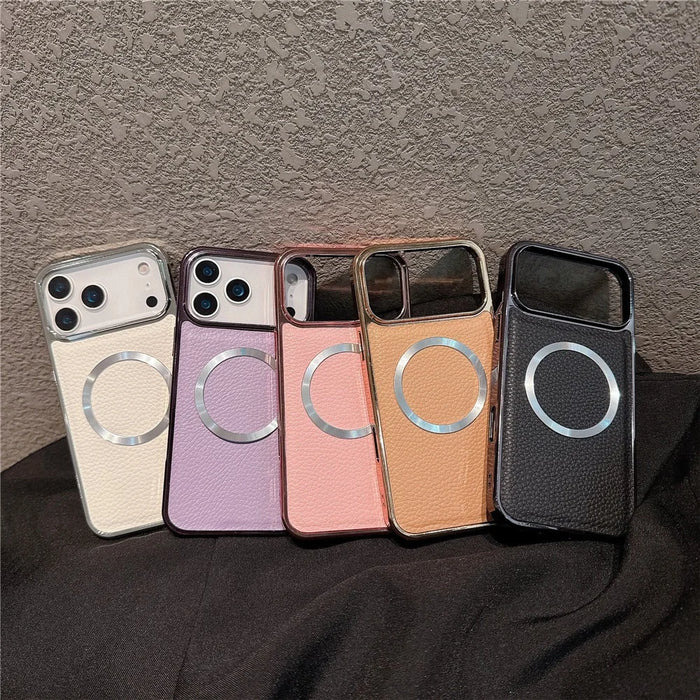 For iPhone 17 Pro Max Magnetic Case Electroplating Litchi Texture PU TPU PC Phone Back Cover - Orange - 5