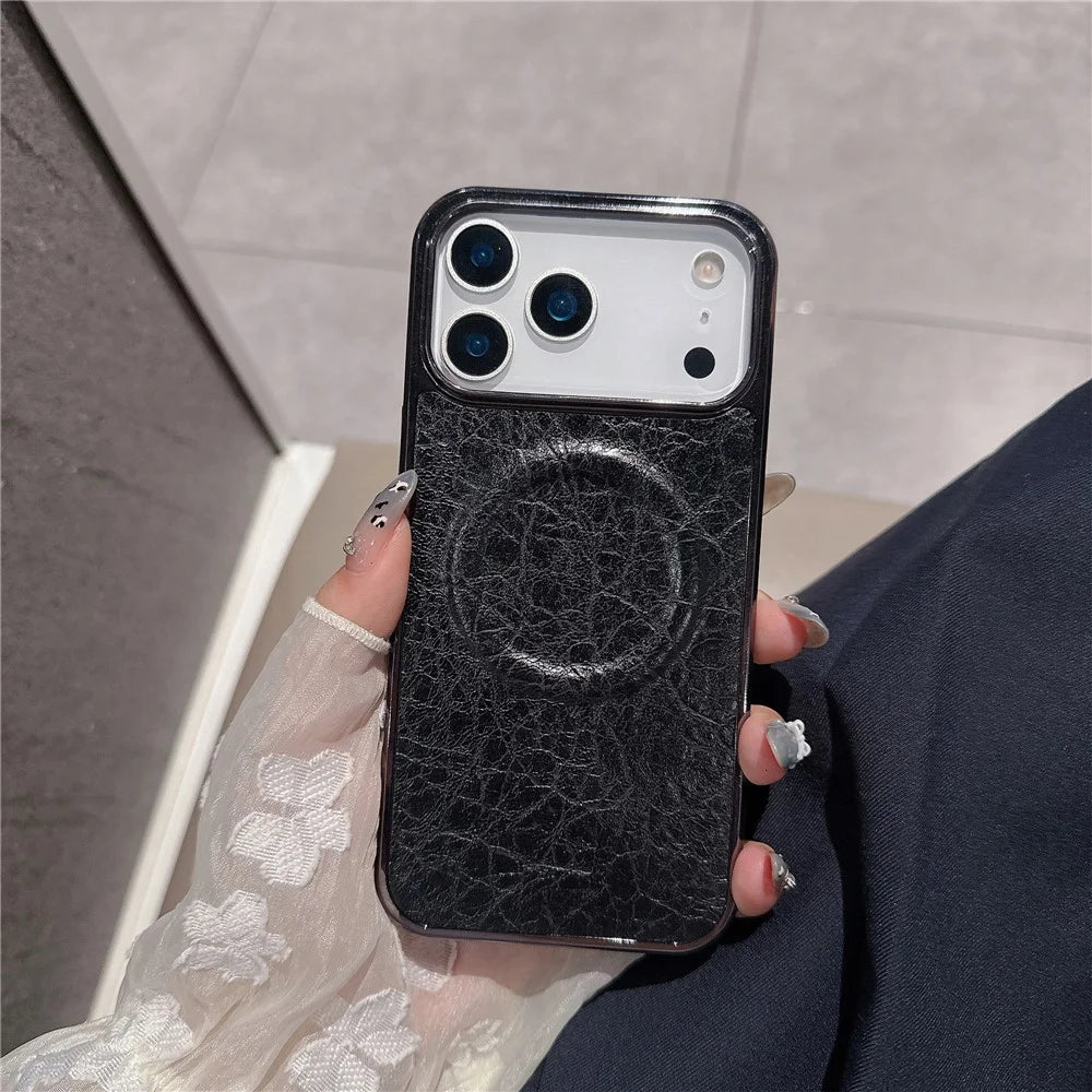 For iPhone 17 Pro Max Magnetic Case Electroplated Crackle Litchi Texture PU TPU PC Phone Back Cover - Black - 2