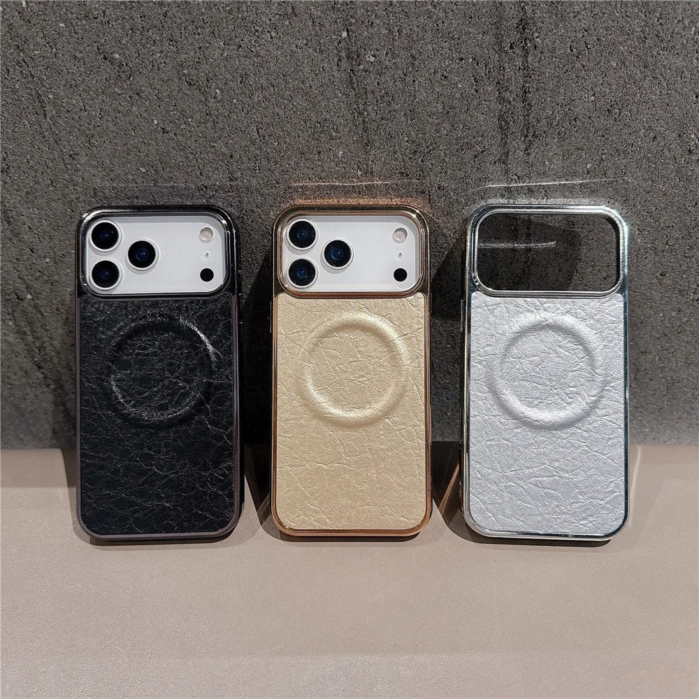 For iPhone 17 Pro Max Magnetic Case Electroplated Crackle Litchi Texture PU TPU PC Phone Back Cover - Black - 6