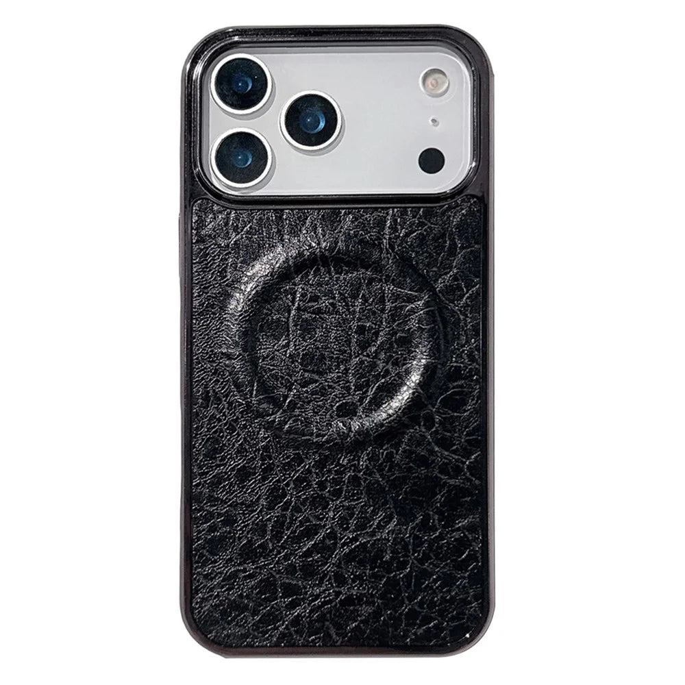 For iPhone 17 Pro Magnetic Case Electroplated Crackle Litchi Texture PU TPU PC Phone Back Cover - Black - 1