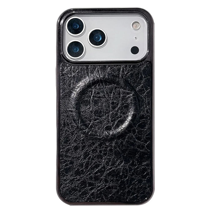 For iPhone 17 Pro Magnetic Case Electroplated Crackle Litchi Texture PU TPU PC Phone Back Cover - Black - 1