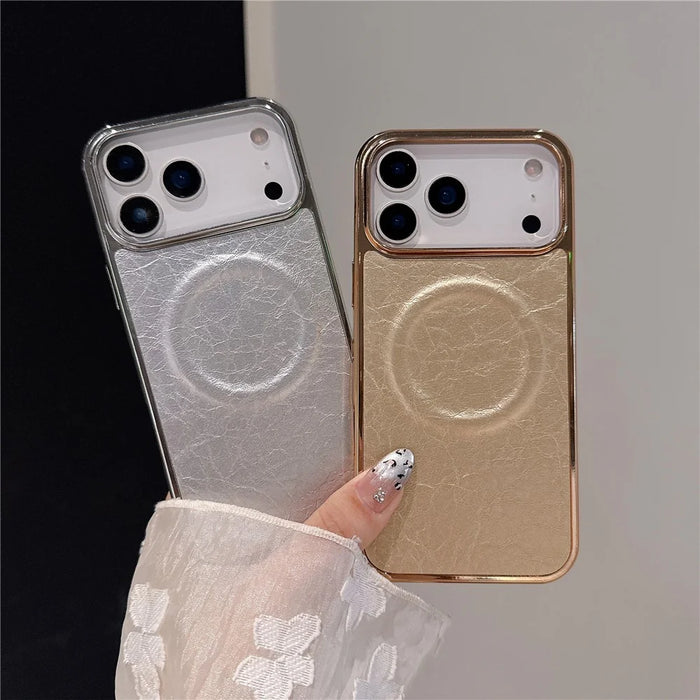 For iPhone 17 Pro Magnetic Case Electroplated Crackle Litchi Texture PU TPU PC Phone Back Cover - Black - 4