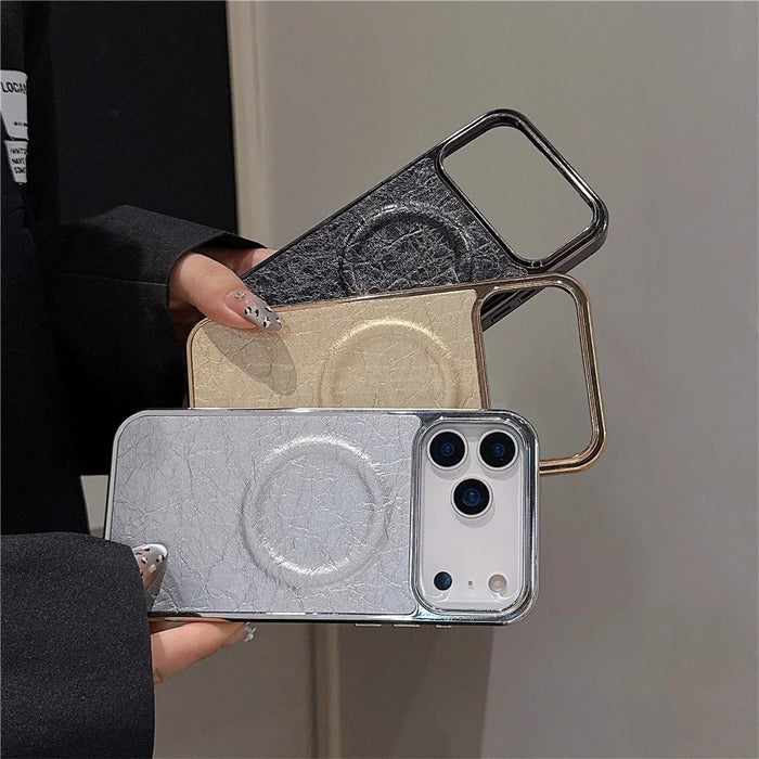 For iPhone 17 Pro Magnetic Case Electroplated Crackle Litchi Texture PU TPU PC Phone Back Cover - Black - 5