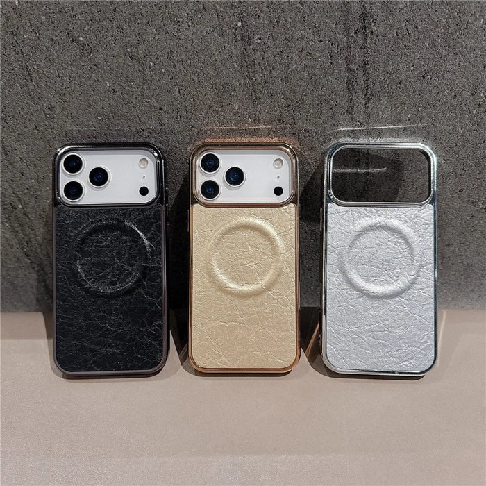 For iPhone 17 Pro Magnetic Case Electroplated Crackle Litchi Texture PU TPU PC Phone Back Cover - Black - 6