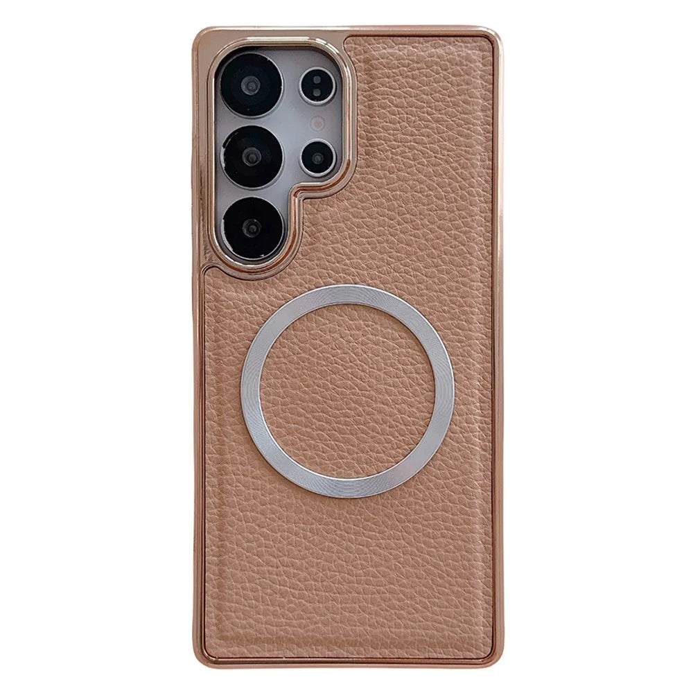 For Samsung Galaxy S25 Ultra Magnetic Case Electroplating Litchi Texture PU TPU PC Phone Back Cover - Gold - 1