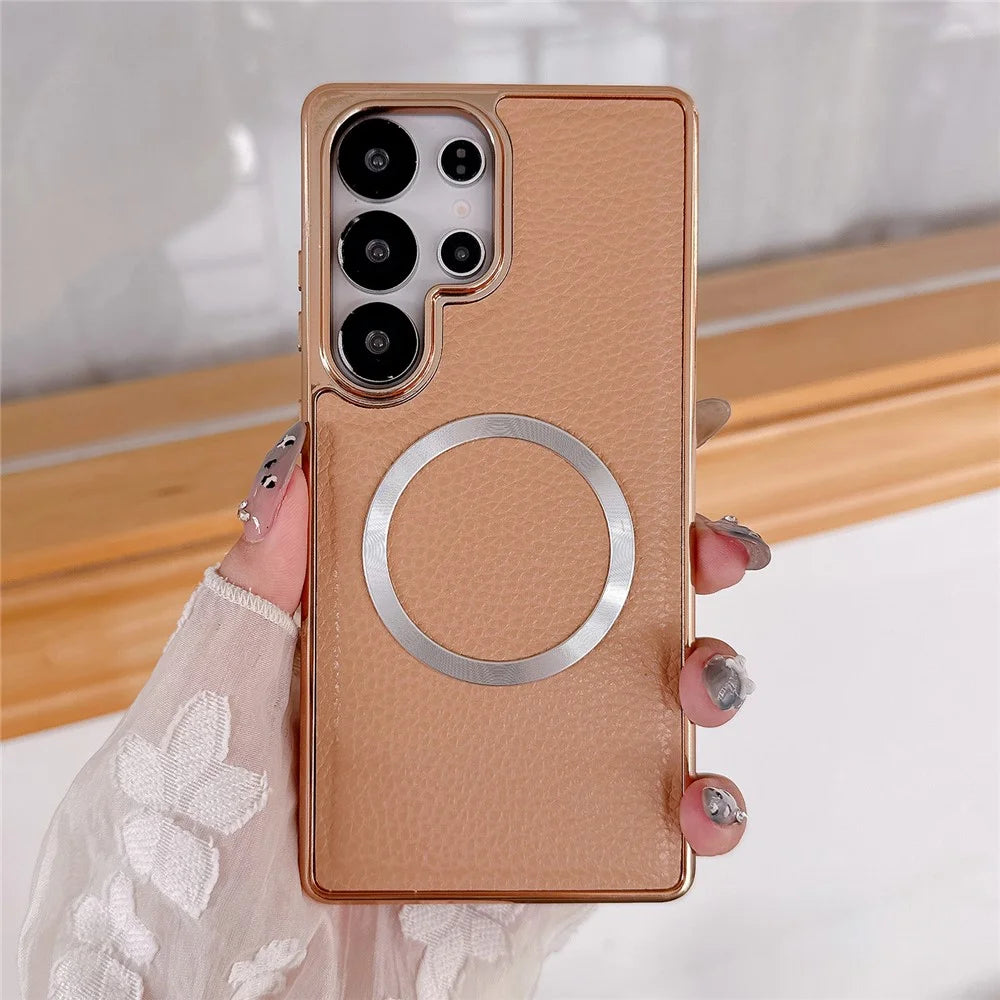 For Samsung Galaxy S24 Ultra Magnetic Case Electroplating Litchi Texture PU TPU PC Phone Back Cover - Gold - 2