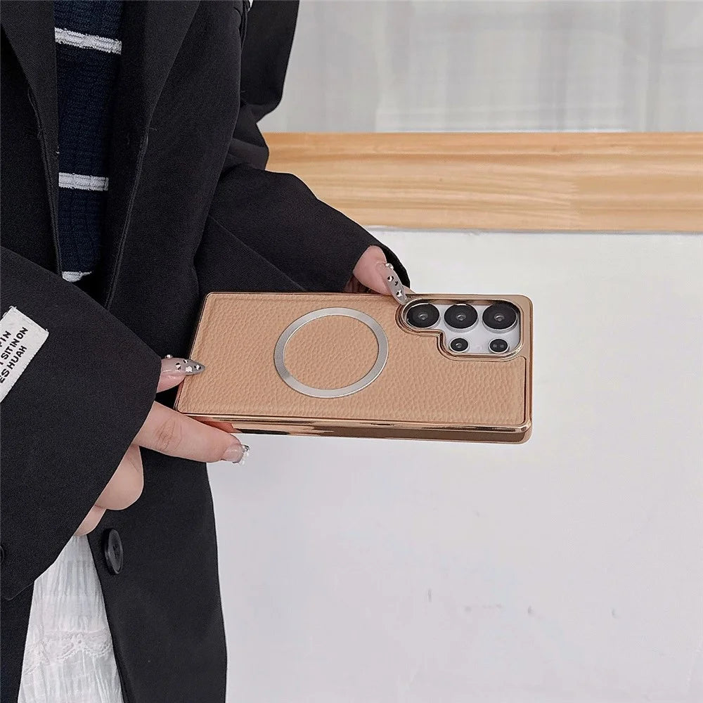 For Samsung Galaxy S24 Ultra Magnetic Case Electroplating Litchi Texture PU TPU PC Phone Back Cover - Gold - 3