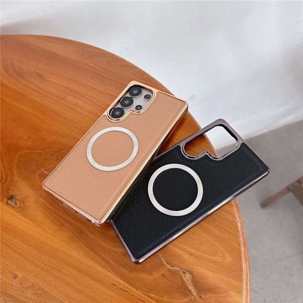 For Samsung Galaxy S24 Ultra Magnetic Case Electroplating Litchi Texture PU TPU PC Phone Back Cover - Gold - 4