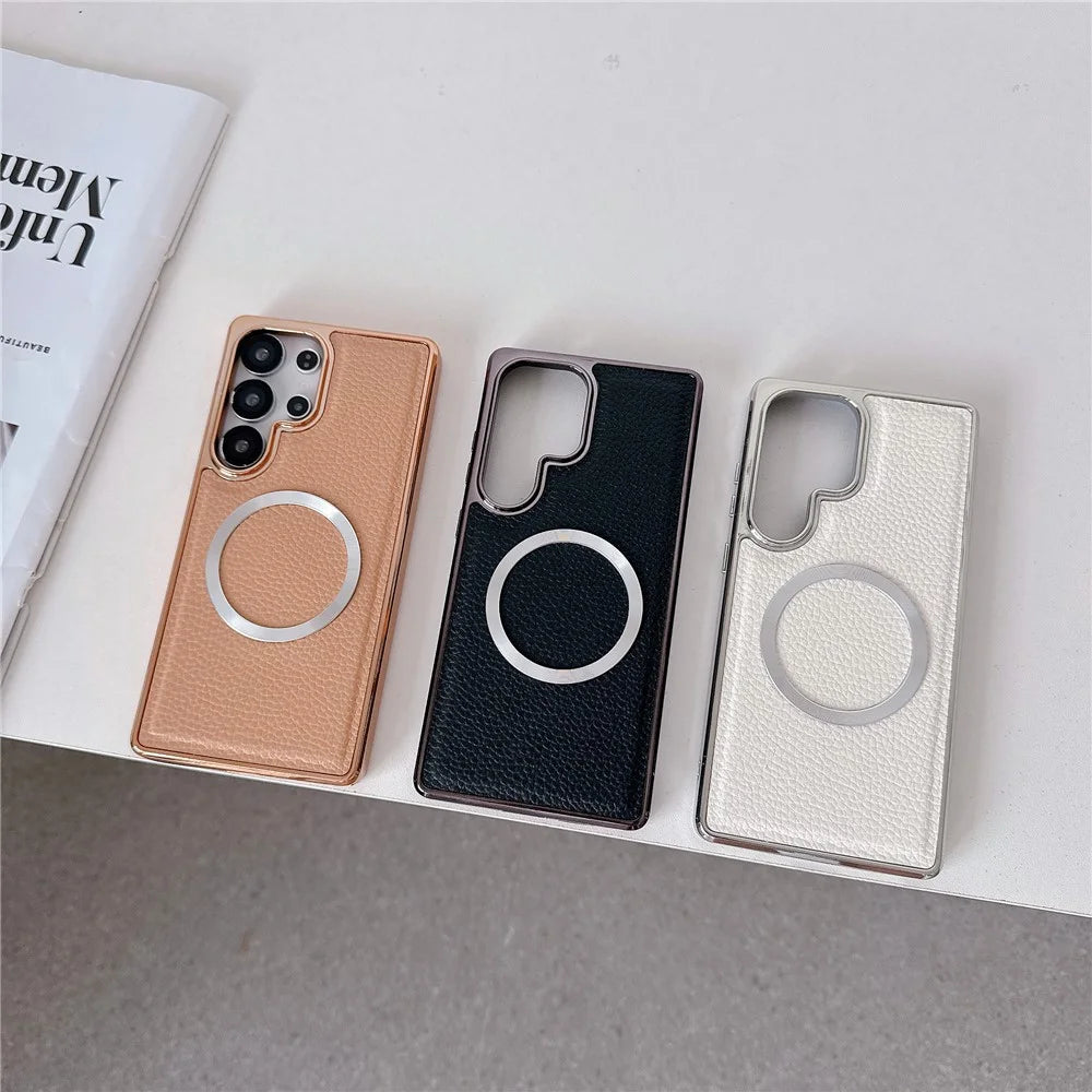 For Samsung Galaxy S24 Ultra Magnetic Case Electroplating Litchi Texture PU TPU PC Phone Back Cover - Gold - 6