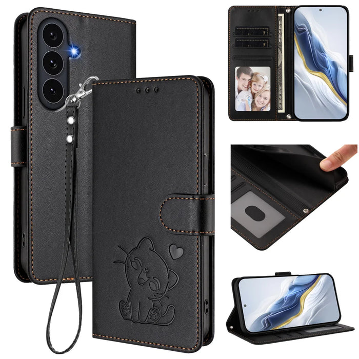 For Samsung Galaxy S26 FE / S25 FE Wallet Case with Wrist Strap Love Cat Pattern Imprint Leather Phone Cover - Black - 2
