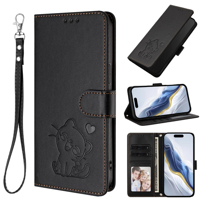 For Samsung Galaxy S26 FE / S25 FE Wallet Case with Wrist Strap Love Cat Pattern Imprint Leather Phone Cover - Black - 5