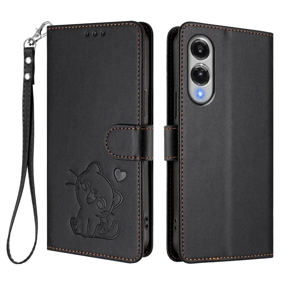 For Samsung Galaxy S25 Edge Wallet Case with Wrist Strap Love Cat Pattern Imprint Leather Phone Cover - Black - 1