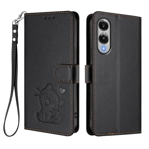 For Samsung Galaxy S25 Edge Wallet Case with Wrist Strap Love Cat Pattern Imprint Leather Phone Cover - Black - 1