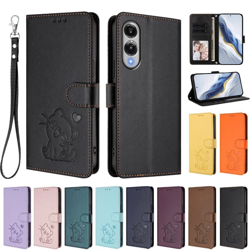 For Samsung Galaxy S25 Edge Wallet Case with Wrist Strap Love Cat Pattern Imprint Leather Phone Cover - Black - 3