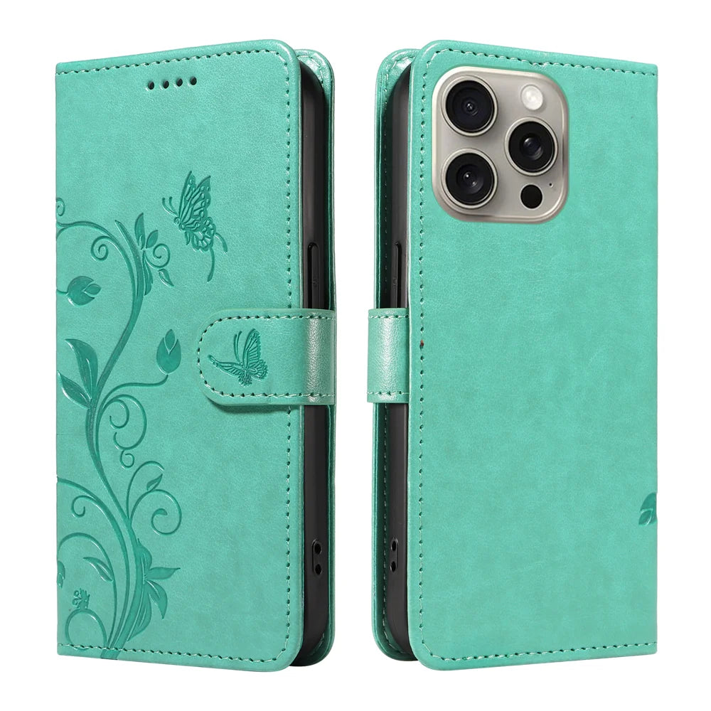 For iPhone 15 Pro Max PU Leather Cases Flower Pattern Wallet Stand Phone Cover with Strap - Green - 1
