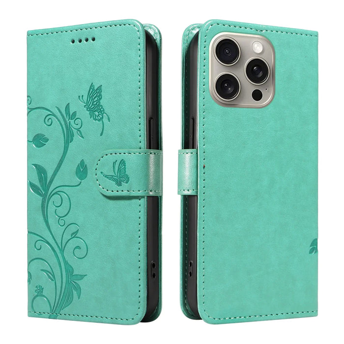 For iPhone 15 Pro Max PU Leather Cases Flower Pattern Wallet Stand Phone Cover with Strap - Green - 1