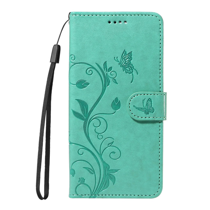 For iPhone 15 Pro Max PU Leather Cases Flower Pattern Wallet Stand Phone Cover with Strap - Green - 5