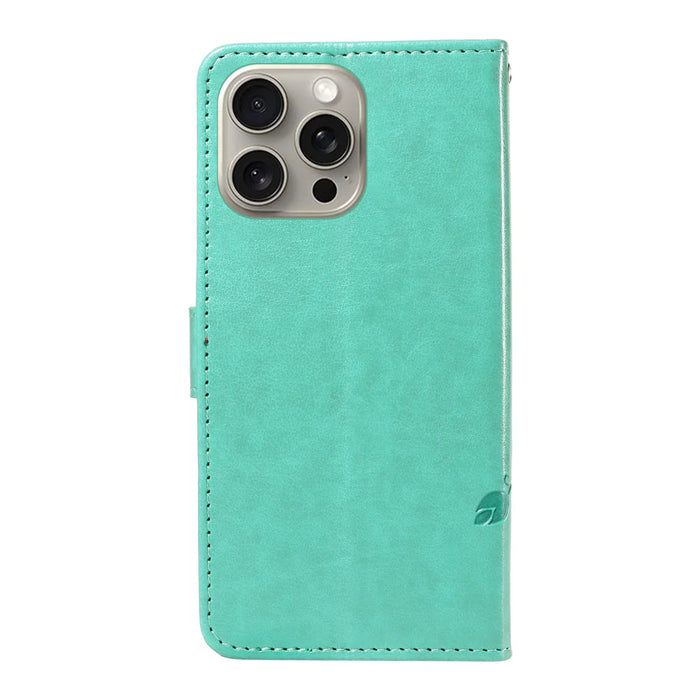 For iPhone 15 Pro Max PU Leather Cases Flower Pattern Wallet Stand Phone Cover with Strap - Green - 6