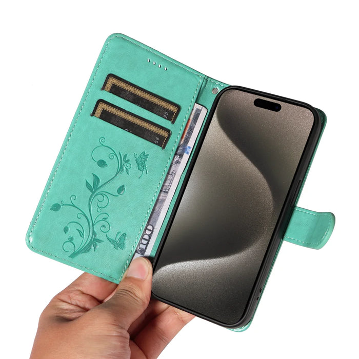 For iPhone 15 Pro Max PU Leather Cases Flower Pattern Wallet Stand Phone Cover with Strap - Green - 7