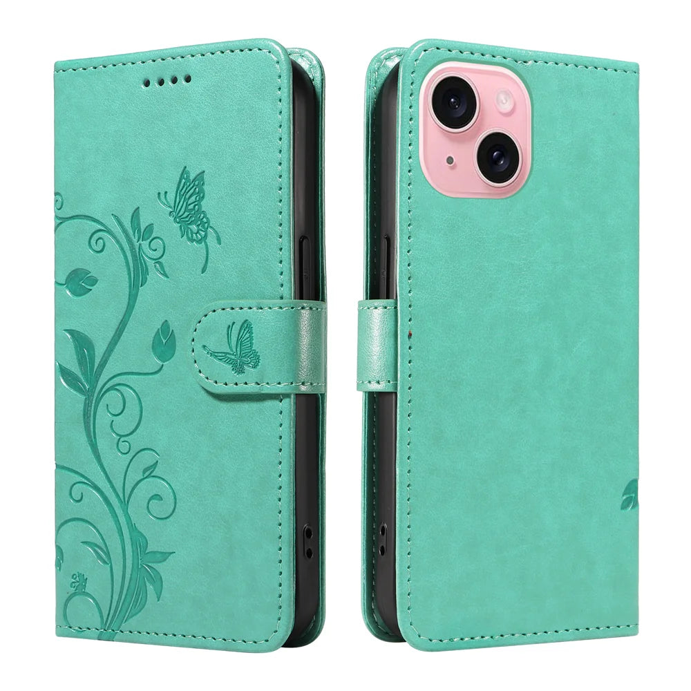 For iPhone 15 PU Leather Cases Flower Pattern Wallet Stand Phone Cover with Strap - Green - 1