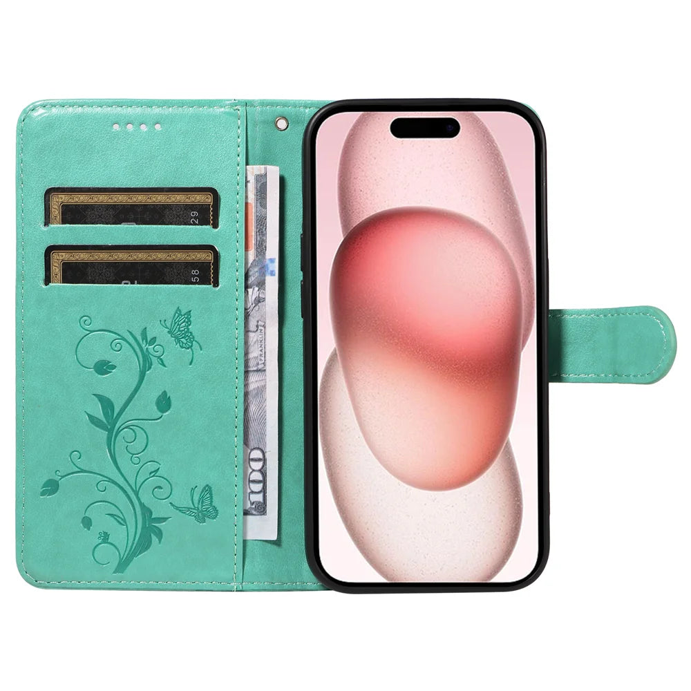 For iPhone 15 PU Leather Cases Flower Pattern Wallet Stand Phone Cover with Strap - Green - 2
