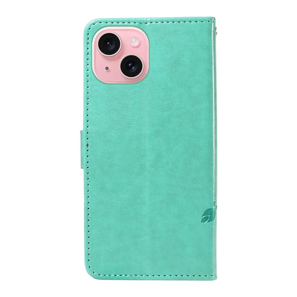 For iPhone 15 PU Leather Cases Flower Pattern Wallet Stand Phone Cover with Strap - Green - 6