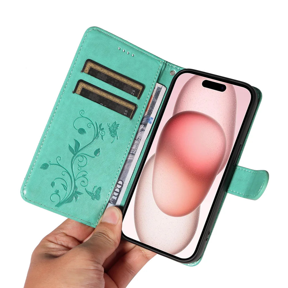 For iPhone 15 PU Leather Cases Flower Pattern Wallet Stand Phone Cover with Strap - Green - 7