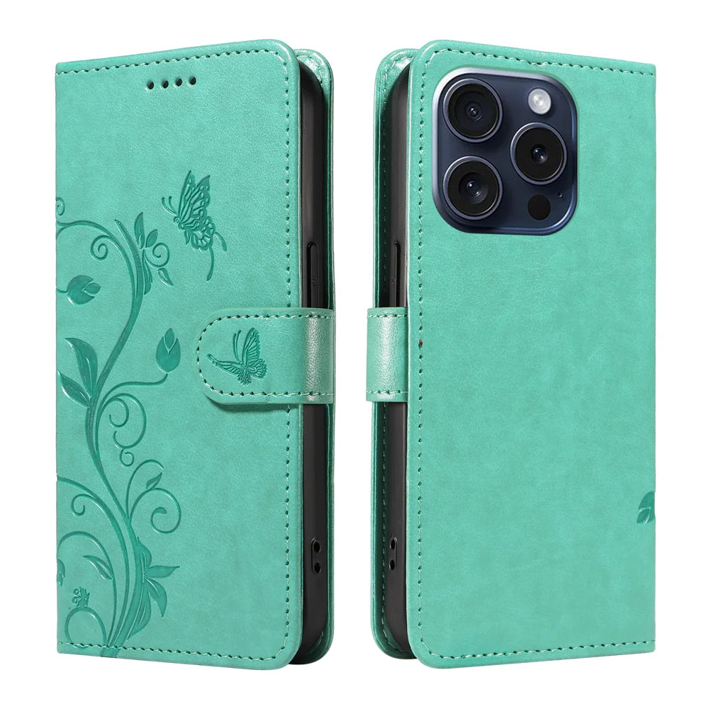 For iPhone 15 Pro PU Leather Cases Flower Pattern Wallet Stand Phone Cover with Strap - Green - 1