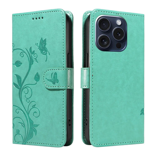 For iPhone 15 Pro PU Leather Cases Flower Pattern Wallet Stand Phone Cover with Strap - Green - 1