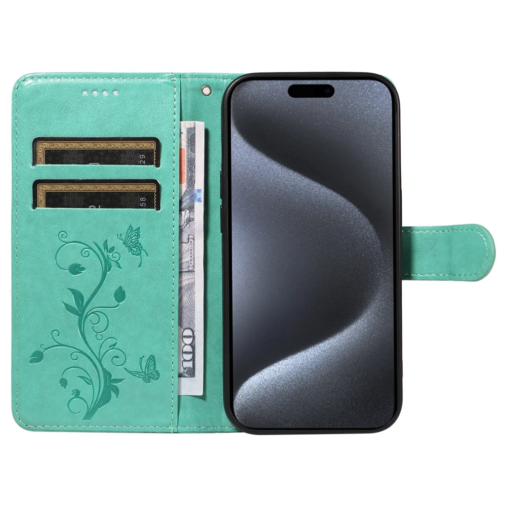 For iPhone 15 Pro PU Leather Cases Flower Pattern Wallet Stand Phone Cover with Strap - Green - 2