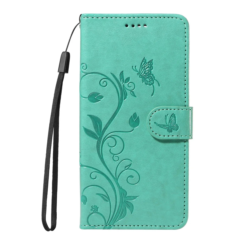 For iPhone 15 Pro PU Leather Cases Flower Pattern Wallet Stand Phone Cover with Strap - Green - 5