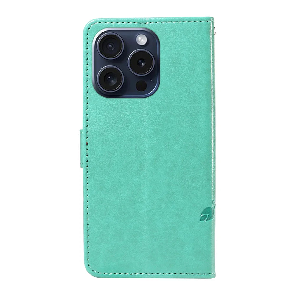 For iPhone 15 Pro PU Leather Cases Flower Pattern Wallet Stand Phone Cover with Strap - Green - 6