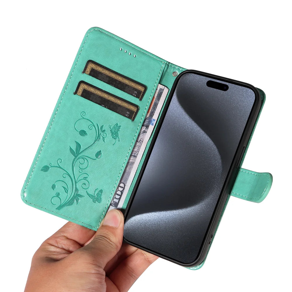For iPhone 15 Pro PU Leather Cases Flower Pattern Wallet Stand Phone Cover with Strap - Green - 7