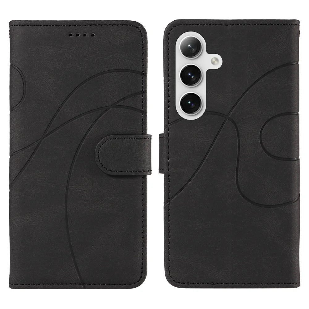 For Samsung Galaxy S24 / Galaxy S25 Wallet Case Leather Phone Cover Stand with Curved Line Design -  Black - 1