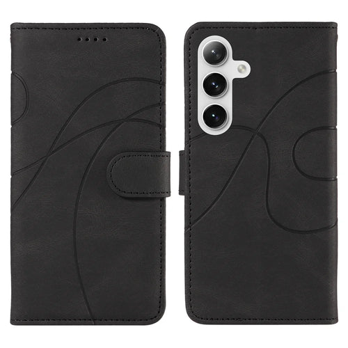 For Samsung Galaxy S24 / Galaxy S25 Wallet Case Leather Phone Cover Stand with Curved Line Design -  Black - 1