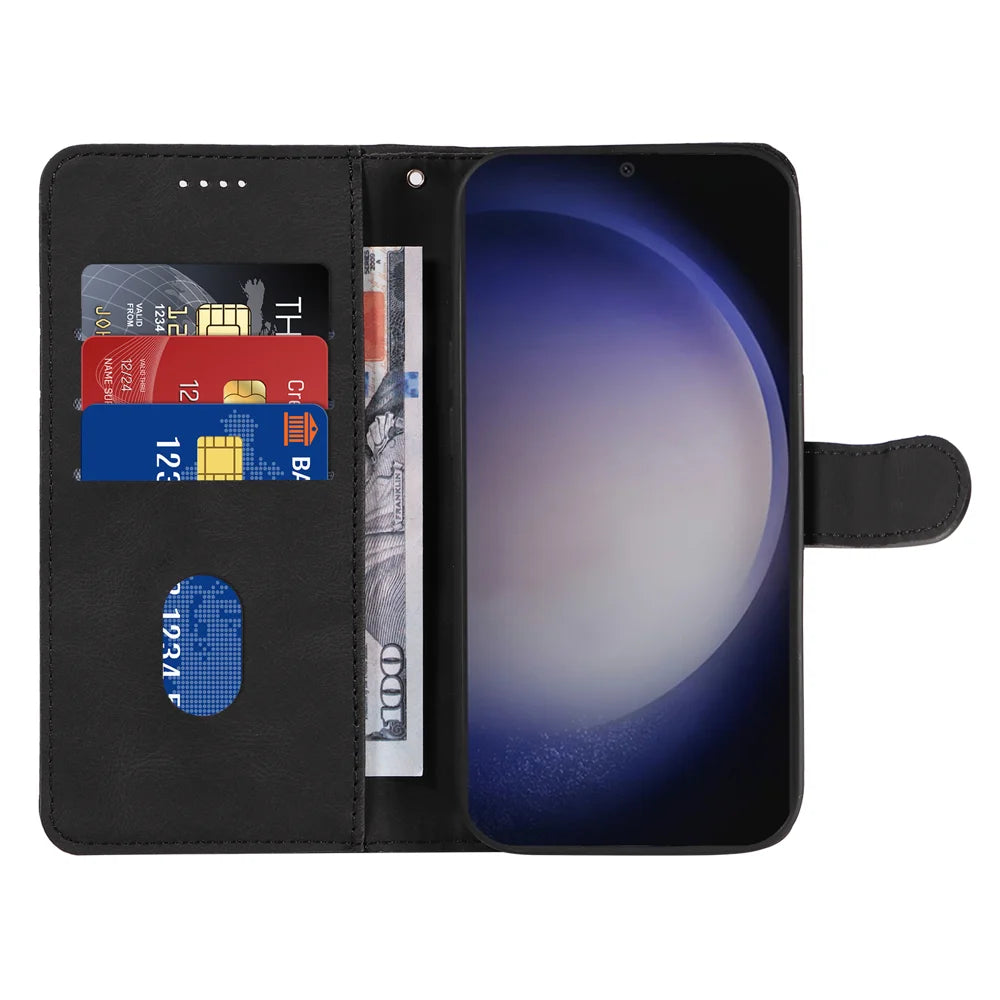 For Samsung Galaxy S24 / Galaxy S25 Wallet Case Leather Phone Cover Stand with Curved Line Design -  Black - 2