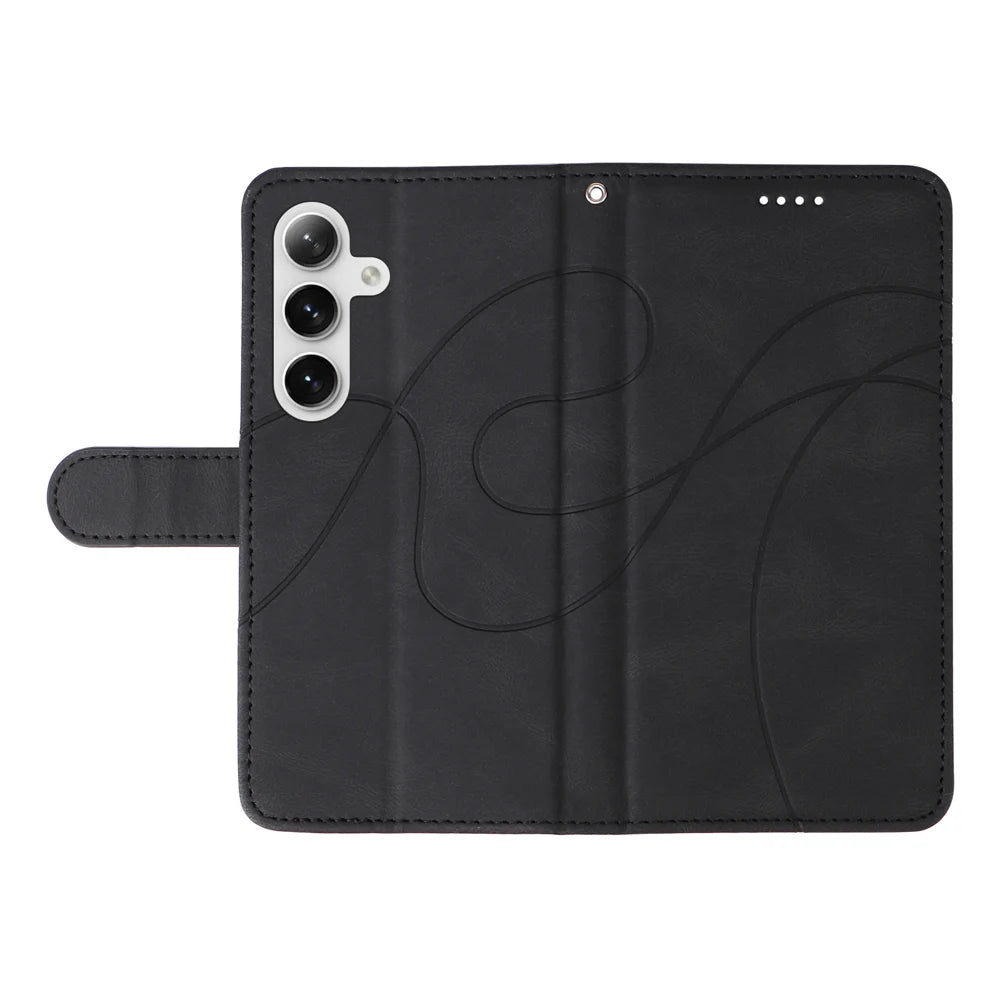 For Samsung Galaxy S24 / Galaxy S25 Wallet Case Leather Phone Cover Stand with Curved Line Design -  Black - 3