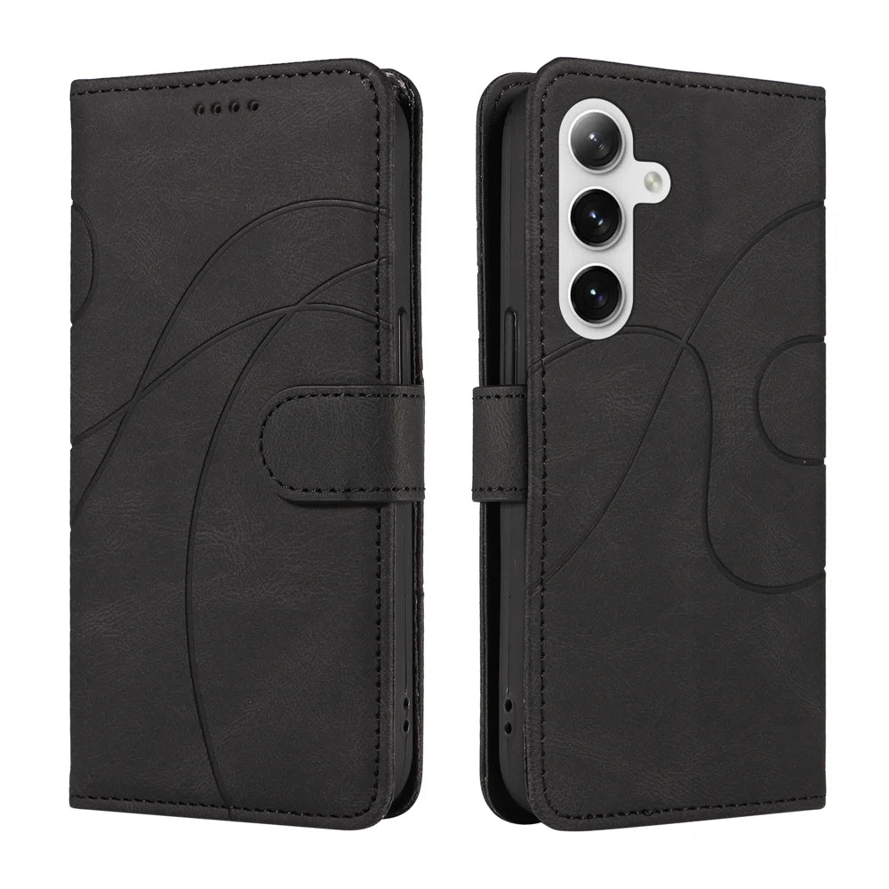 For Samsung Galaxy S24+ / Galaxy S25+ Wallet Case Leather Phone Cover Stand with Curved Line Design -  Black - 1