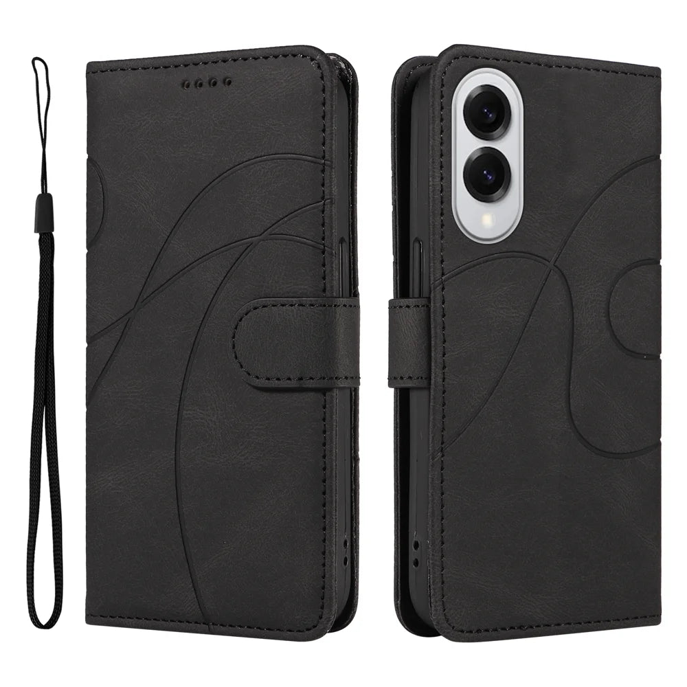 For Samsung Galaxy S25 Edge Wallet Case Leather Phone Cover Stand with Curved Line Design -  Black - 1