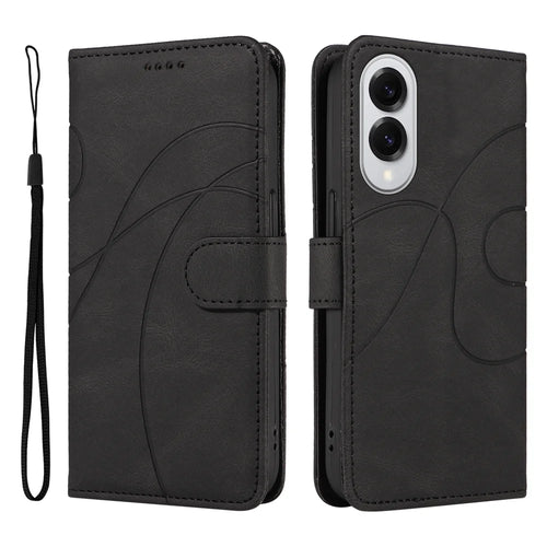 For Samsung Galaxy S25 Edge Wallet Case Leather Phone Cover Stand with Curved Line Design -  Black - 1